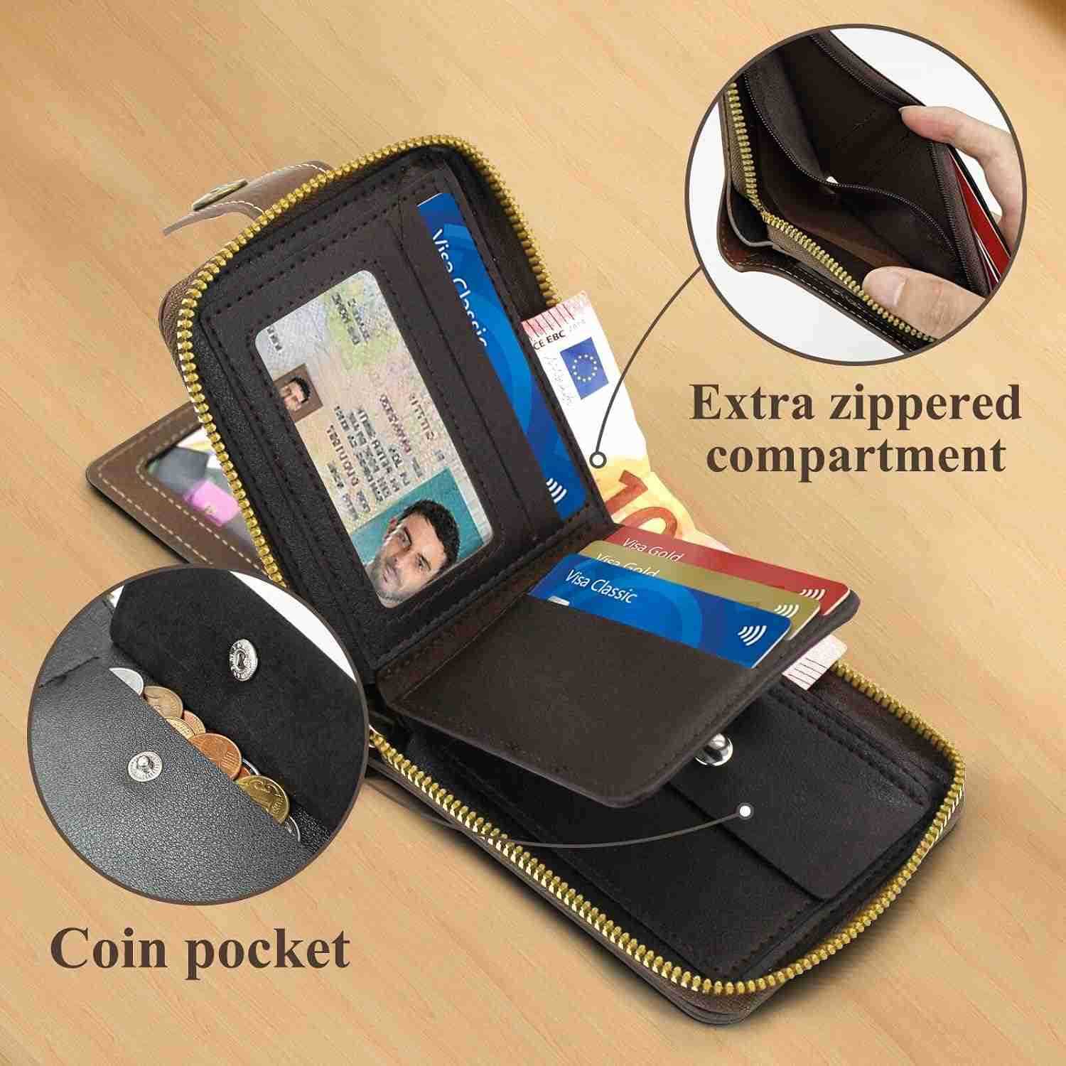 Men Wallet Vintage PU Leather MultiCard Zipper Wallet with 10 Card Slots and Zipper Pocket Large Capacity CARD Holder Wallet with Zipper A BlackZ25091