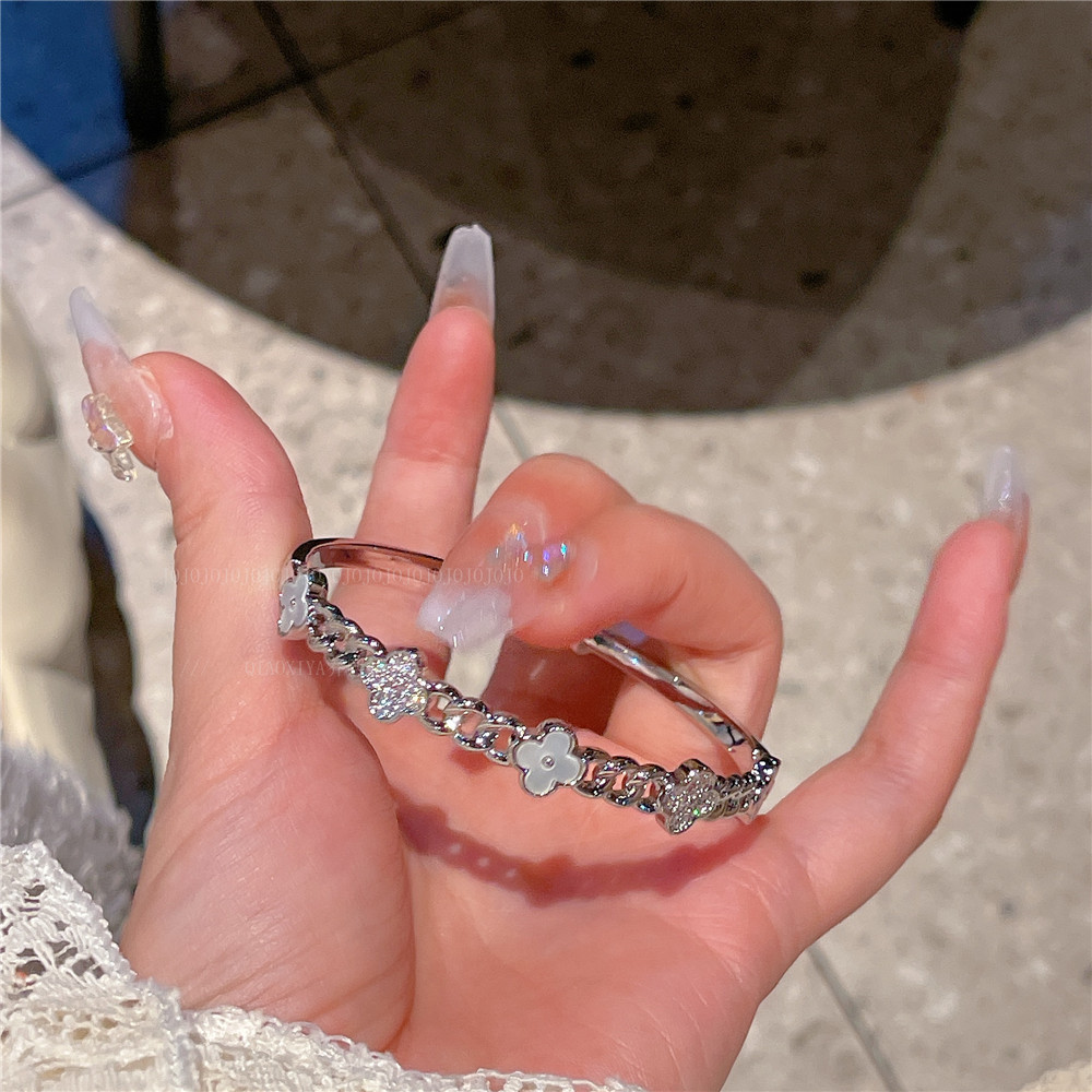 Silver - toned Bangle with Crystal - Encrusted Flower and Mother - of - Pearl - Like Flower Detail, Dainty and Elegant for Daily or Feminine Looks, Ch