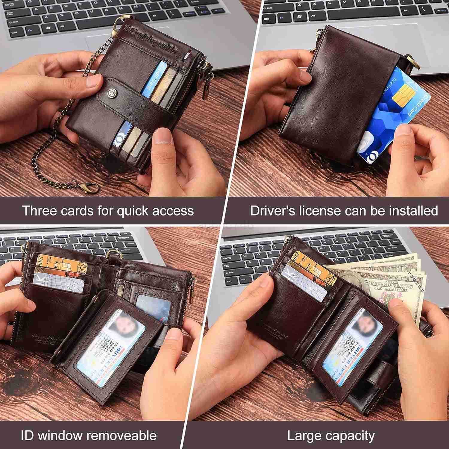 Chain Wallets RFID Wallets for Men Genuine Leather Wallet Zipper Bifold Wallet for Work Travel Outdoors With ID Window and Coin PurseZ250911