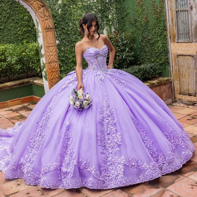 Lilac Shiny Princess Quinceanera Dresses Off Shoulder Appliqued Lace Beads Bow Tull Sweet 16 Dress Ball Gown Vestidos 15 De Anos