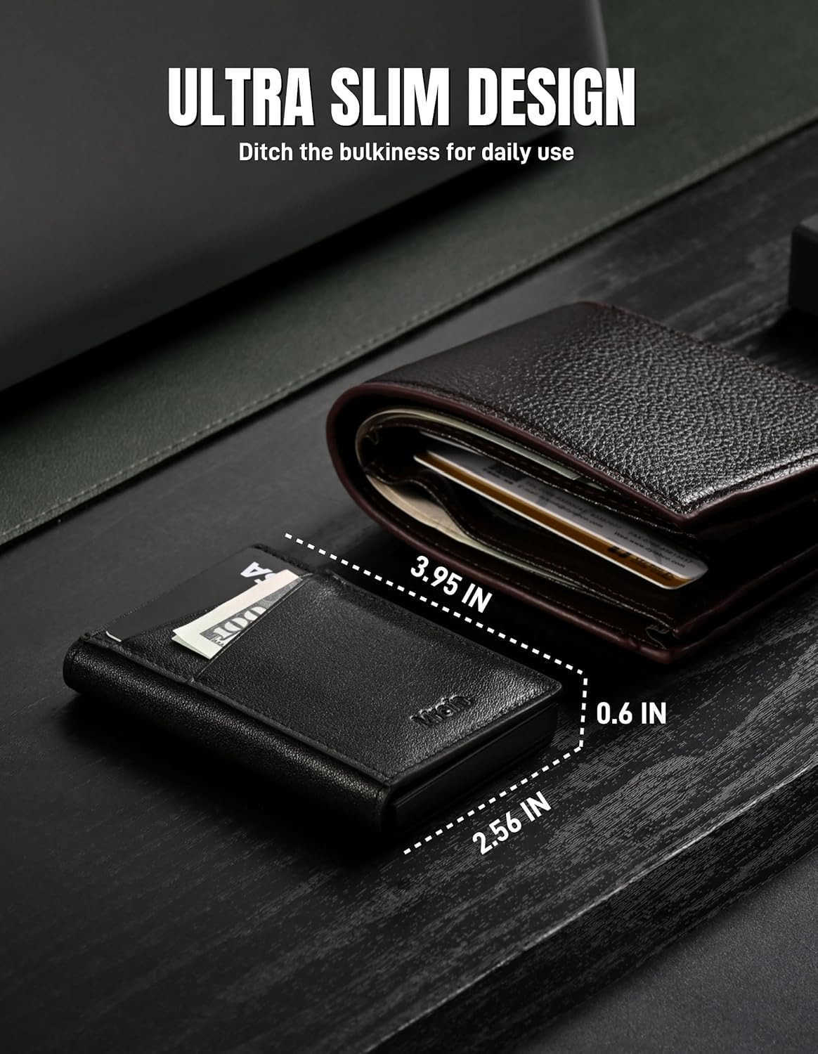 Mens Slim Premium Leather Wallet Pop Up Card Holder RFID Blocking Metal Wallet with Push Button Minimalist Design for CARD Holder Magnetic Closure Bla