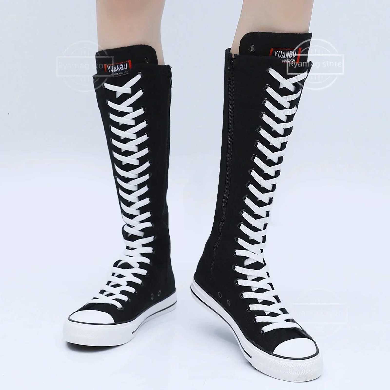 Boots Women Sneakers Canvas Casual High Top Shoes Long Boot LaceUp Zipper Comfortable Flat Boot Sneakers Tennis Feminino W250902