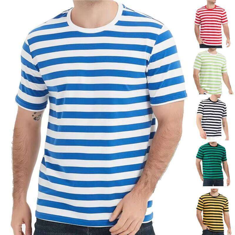 Men's Casual T-Shirt Comfortable Breathable Knitted Short Sleeve Digital Print Striped Collar Clothing