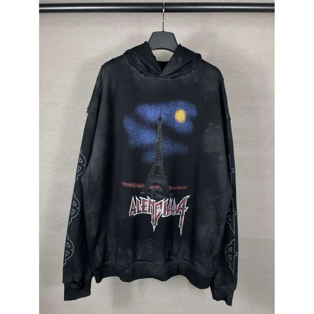 Balencs Hoodies Designer Sweater Hoodies Designer Hoodie For Mens Paris Tower Pattern Washed Fabric Womens Oversized 380G Cotton Fabric Xs-L 89E