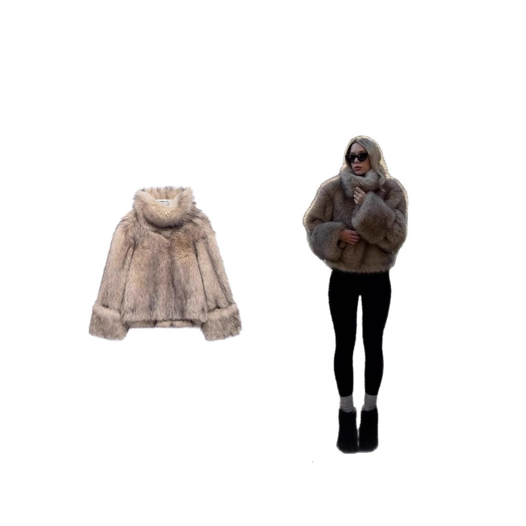 2025 Womens New Loose Fashion Faux Fur Effect High Neck Sweatshirt X0043