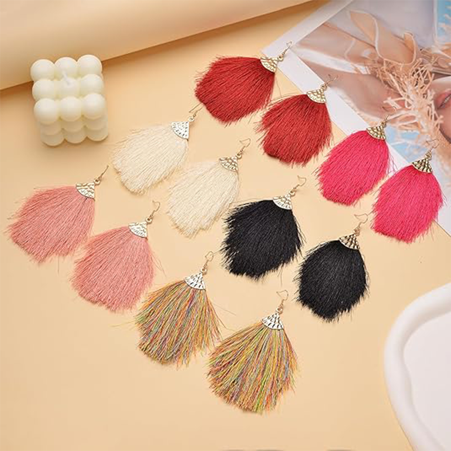 6 Pairs Layered Tassel Statement Earrings Bohemian Multi Colors Long Feather Tiered Thread Tassel Fan Fringe Dangle Drop Earrings Handmade for Women