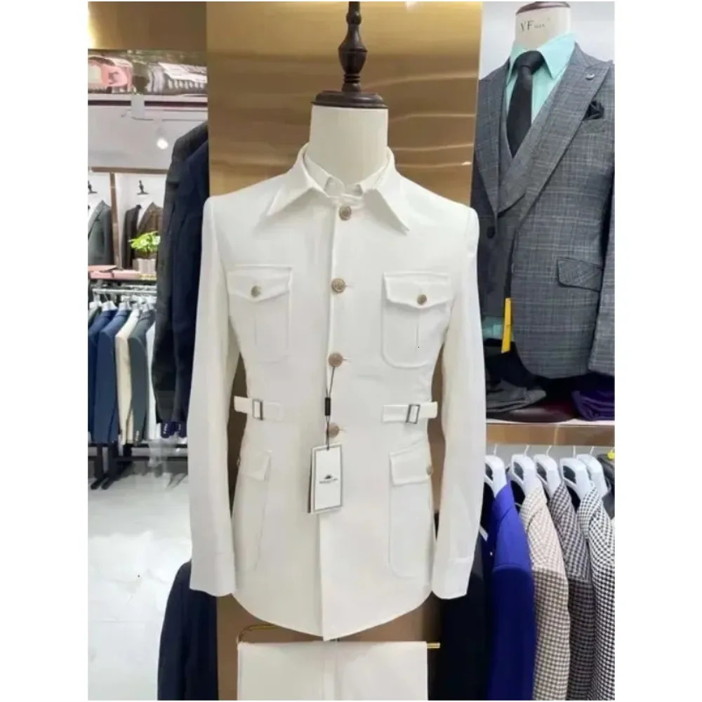 White Safari Mens Suits 2 Pieces British Style Casual Single Breasted Blazers Boutique Wedding Prom Tuxedo Groom Dress For Male 250901