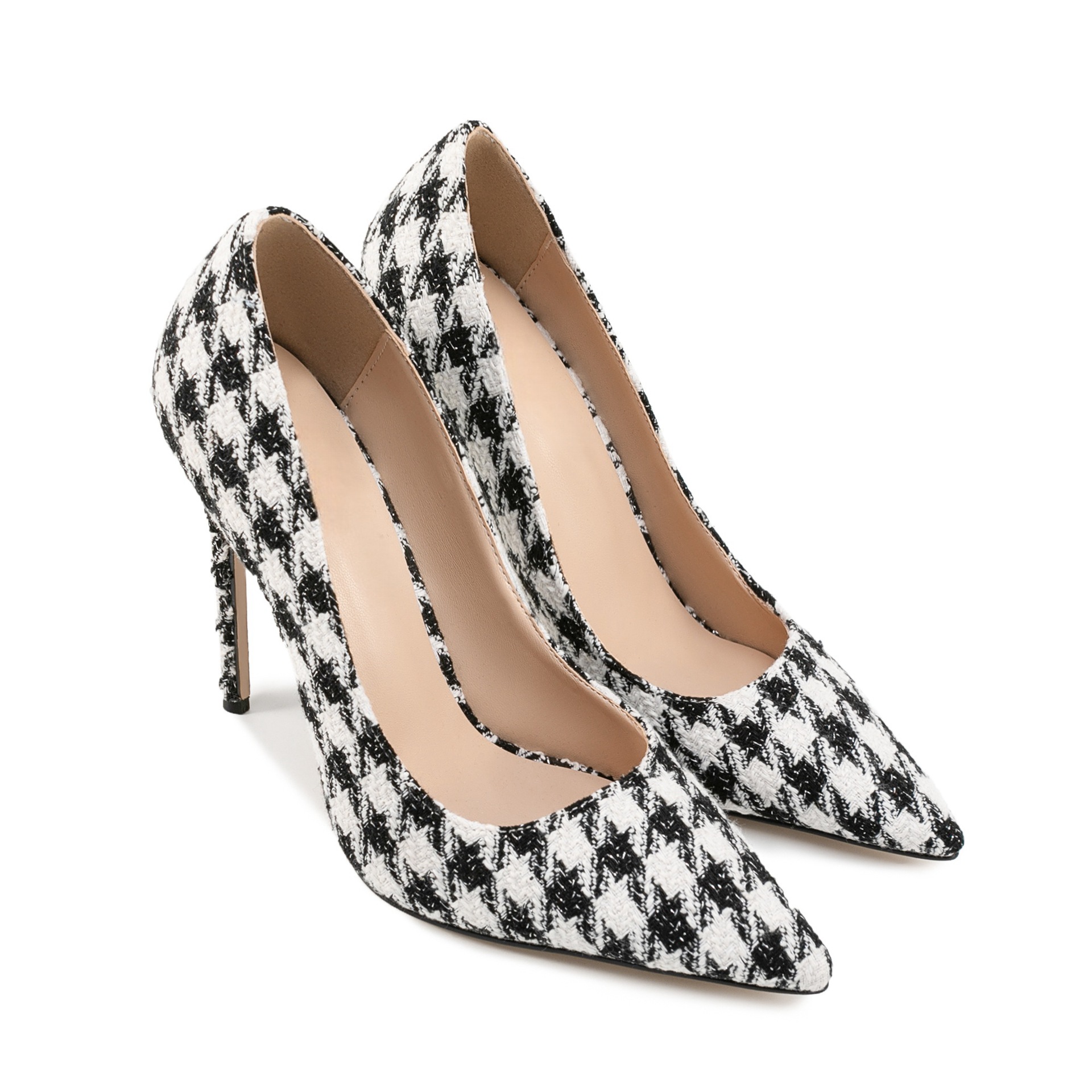 Chengdu Handmade Checkered Pointed Toe Stiletto Pumps - 12cm Runway Model Heels (Black/White) Party Performance Dress Shoes