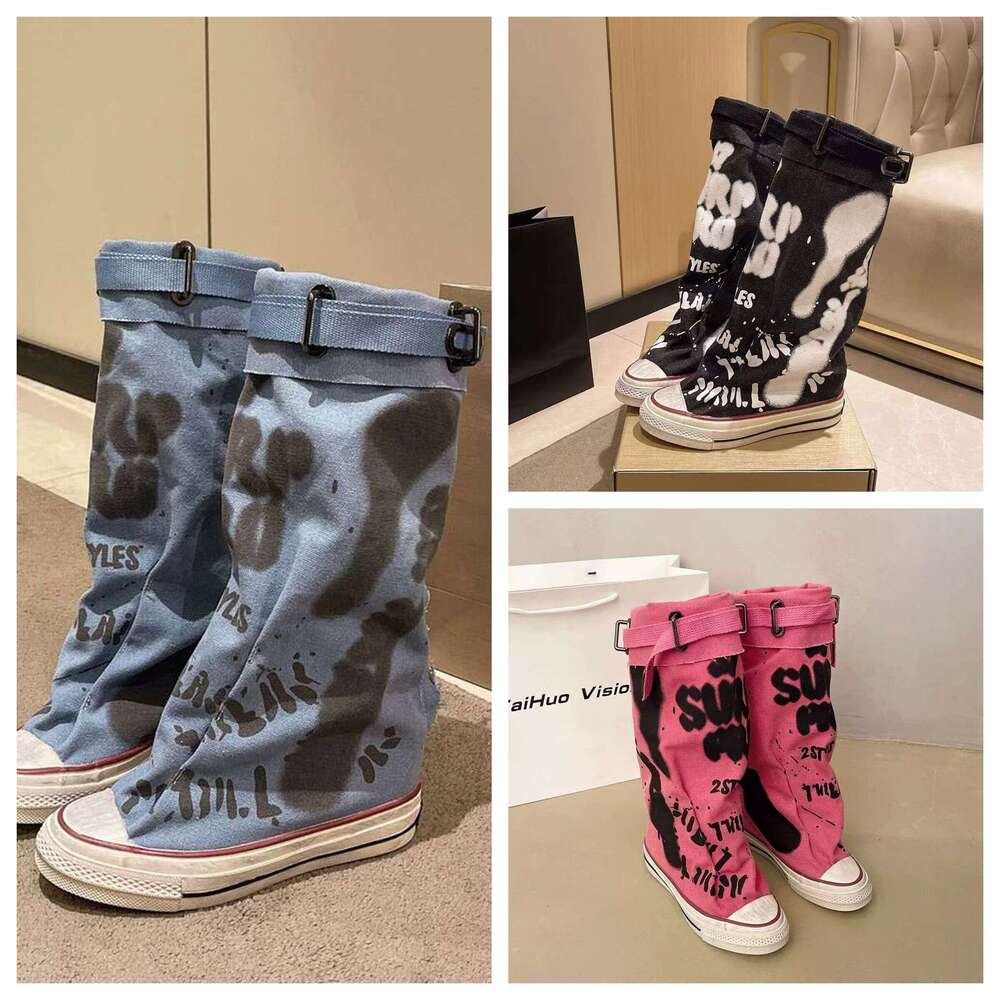 Graffiti High Top Canvas Shoes Women's Spring Wide Mid 2024 New Trouser Barrel Stacking Boots dh910320090