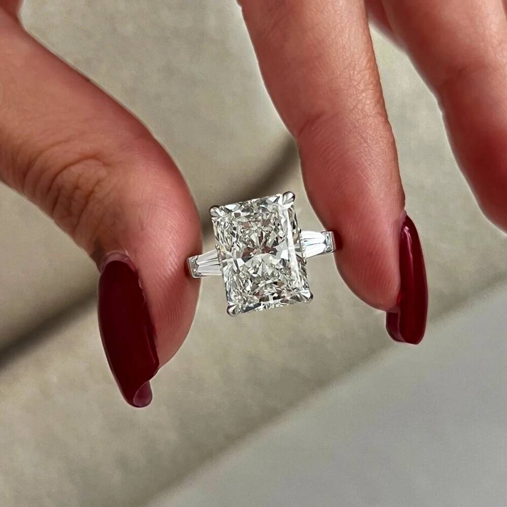 1234Carat Radiant Cut Full Moissanite Engagement Ring with Tapered Baguette Shape Diamond S925 Silver Wedding Rings for Women