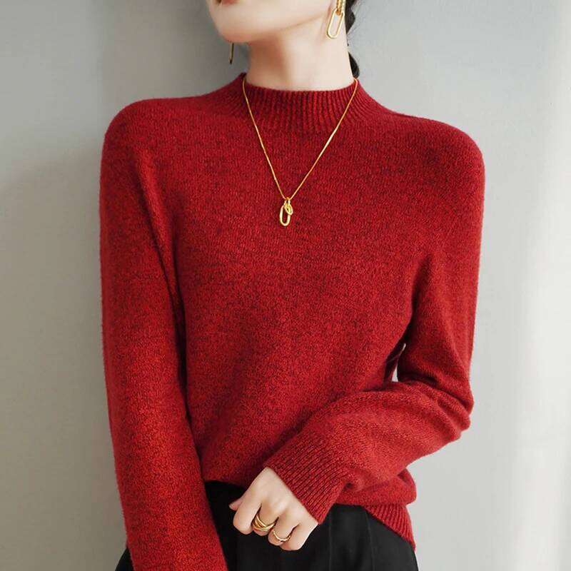 Autumn Winter Women Merino Wool Sweater Half-High Collar Thickness Pullover Warm Cashmere Fancy Yarns Knitwear Long Sleeve Tops 050902