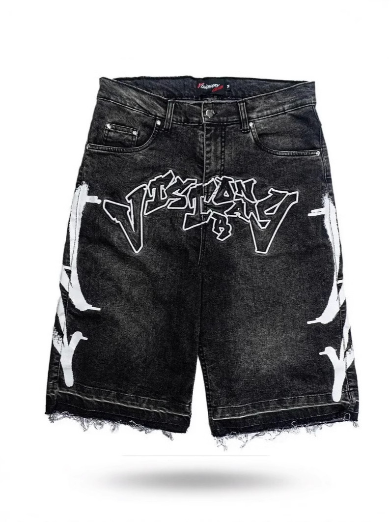 Men's Shorts Jorts Rhinestone Graffiti Distressed Printed Denim Men Women Trend Retro Hip Hop Streetwear Unisex Baggy Short Pants