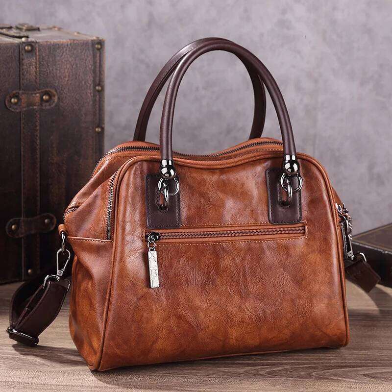 Vintage Leather Crossbody Women's Emed Handmade Tote Shoulder Bag Large Capacity Anti-Theft Purse