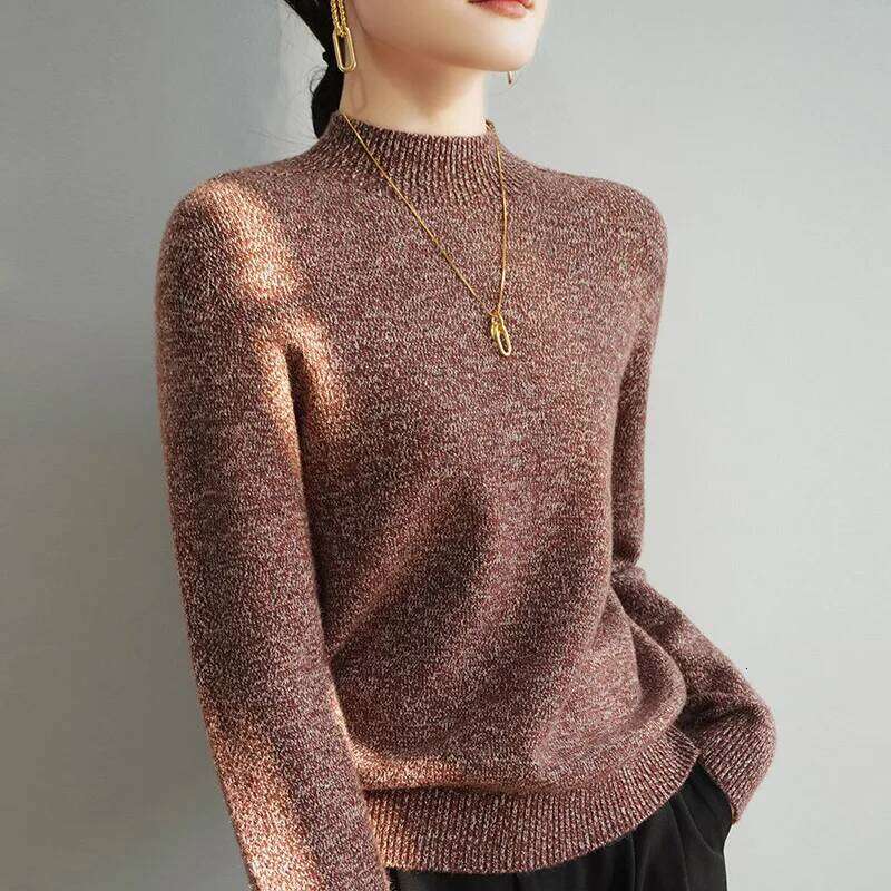 Autumn Winter Women Merino Wool Sweater Half-High Collar Thickness Pullover Warm Cashmere Fancy Yarns Knitwear Long Sleeve Tops 050902