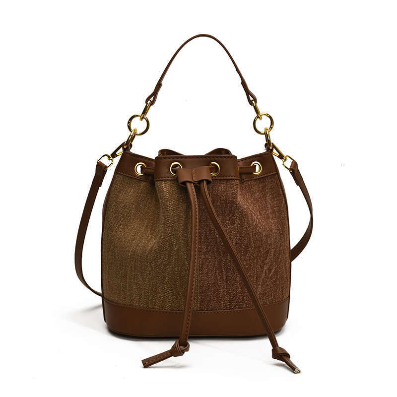 2025 Autumn Winter New Korean Version Niche Bucket for Women Trendy Color-Block Drawstring Handbag Fashionable Single Shoulder Crossbody Bag