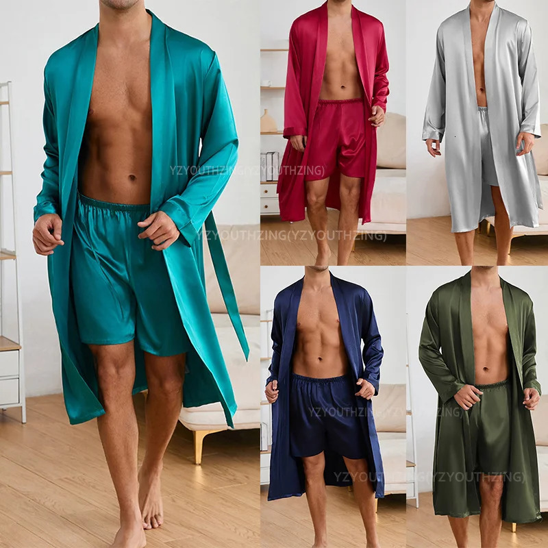 Solid Color Sleep Wear Set Men Silkly Satin Man Nightwear Loose Japanese Mens Pyjama Set Summer Kimono Shorts Pajamas Suit 250902