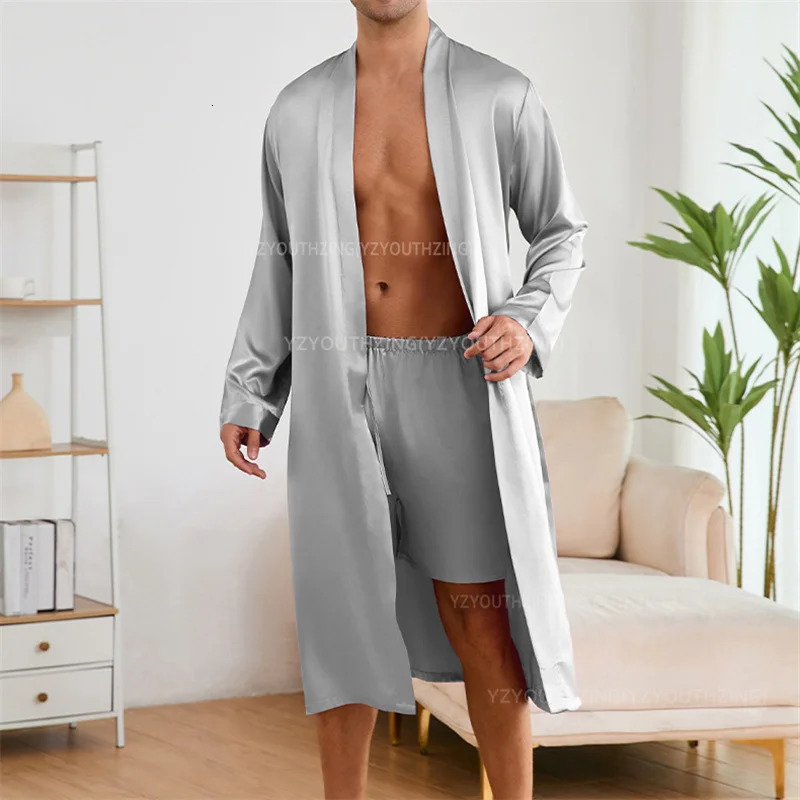 Solid Color Sleep Wear Set Men Silkly Satin Man Nightwear Loose Japanese Mens Pyjama Set Summer Kimono Shorts Pajamas Suit 250902