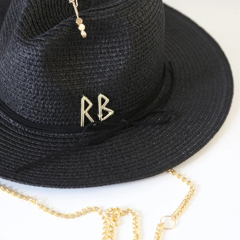 Fashionable Metal RB Letter Straw Hats for Women Men Summer Outdoor Holidays Beach Sun Hat Straw Hats for Women Fashion Panama 250902