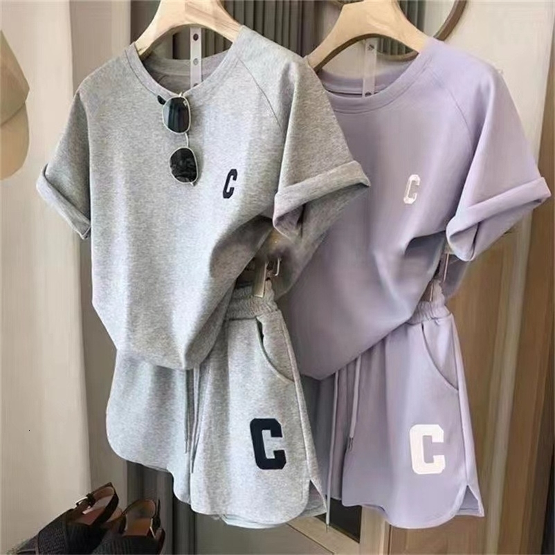 Women Tracksuit C Letter Print Short Sleeve Tshirt Drawstring Shorts Sport Suit Lady Exercise Tshirt Shorts Twopiece Suit 250902
