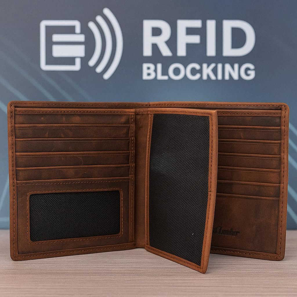 Bifold Leather RFID Blocking Wallet For Men Women Genuine Leather Holder With 20 Slots 2 Bill Compartments ID Window Hipster wallet Money Drivers Lice