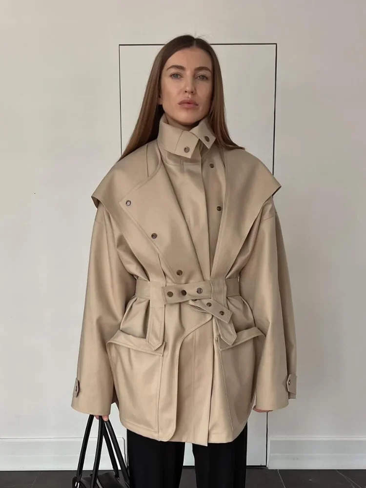 Women Stand Collar Trench Coats Fashion Button Long Sleeve Pocket Singlebreasted Windbreaker Lady High Street Outerfit 250902