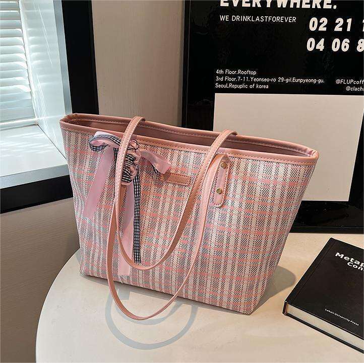 DHpet_wholesale Women's Plaid Tote Bag - Large Capacity Shoulder Bag for Work Commute, Fashionable Big Purse with Double Straps, Pink & Blue