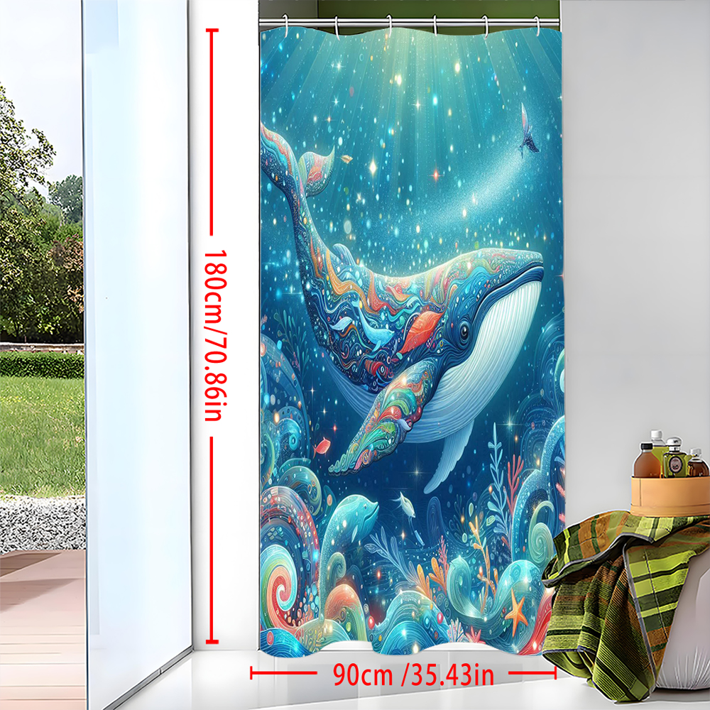 No-Drill Bathroom Divider: Creative Underwater World Blue-Green Whale Shower Curtain for Bathroom Privacy