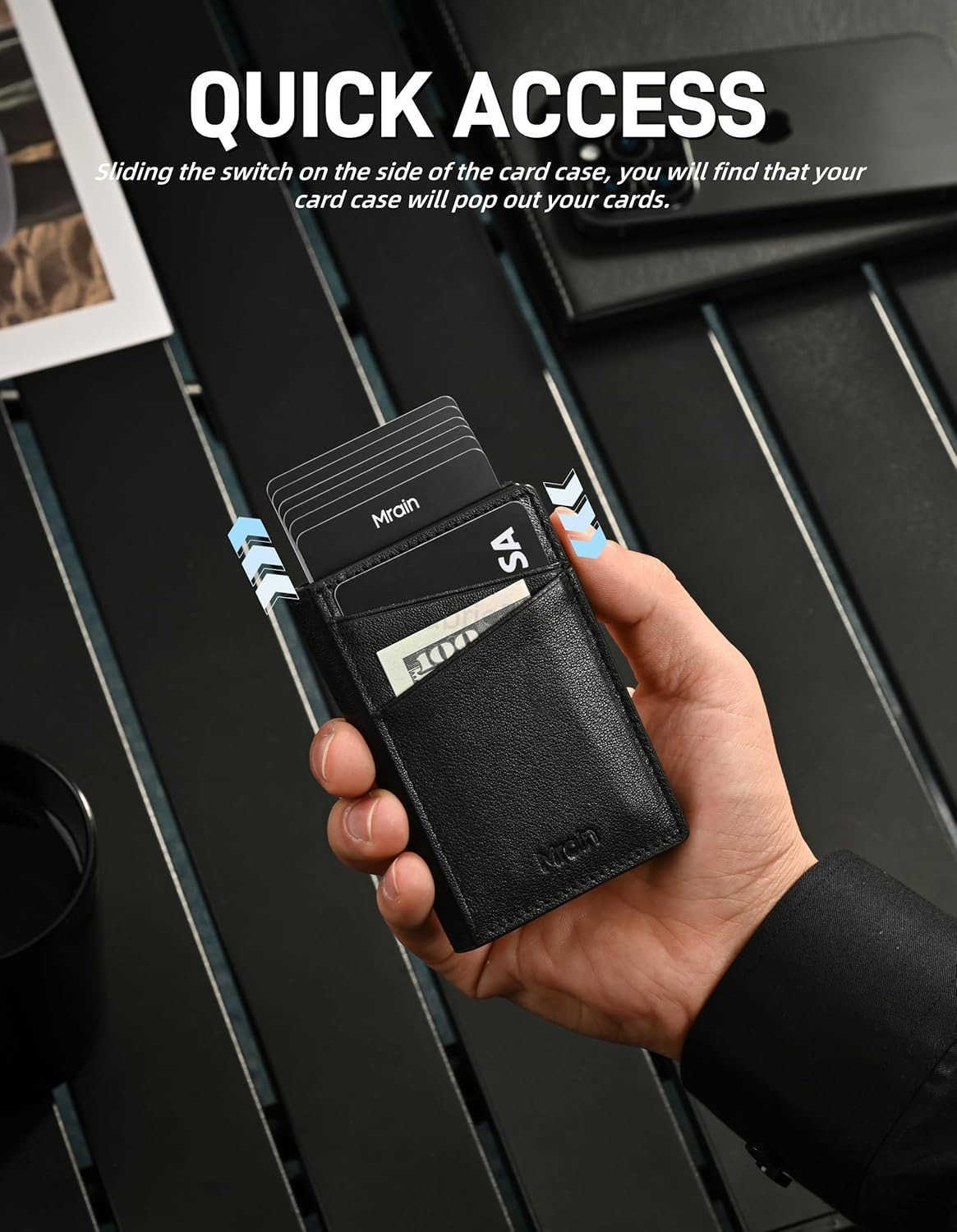 Mens Slim Premium Leather Wallet Pop Up Card Holder RFID Blocking Metal Wallet with Push Button Minimalist Design for CARD Holder Magnetic Closure Bla