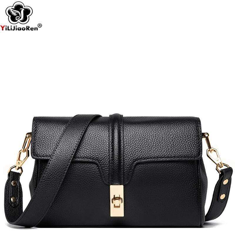 Genuine Leather Crossbody Bag Women Cowskin Designer Ladies Handbag Wide Shoulder Straps Messenger Bags Female