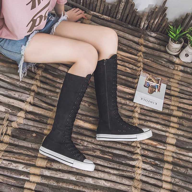 Canvas Long Boots for Women High Top Women Canvas Shoes Lace Up Knee High Boots Flats Casual Vulcanized Shoes Sneakers Girls W250902