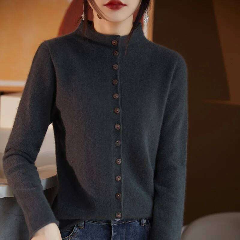 Autumn Winter 100% Wool Thicken Shirt Sweater Women Curled Round Neck Knitted Cardigan Female Multi Buckle Casual Warm Soft Top 050902