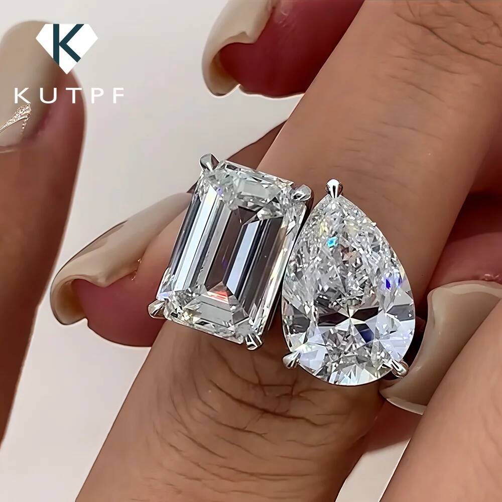 5cttw PearEmerald Cut Moissanite Diamond Engagement Rings for Women Two Stone 925 Sterling Silver Wedding Band with Certificate