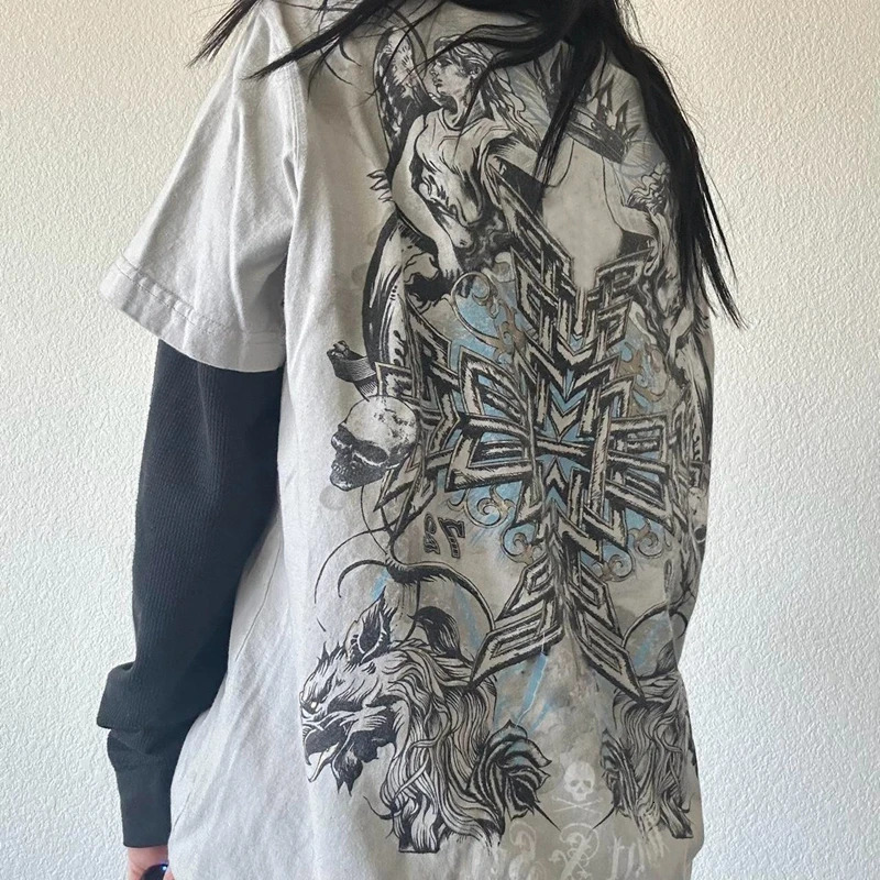 2000s Rare Skull Graphic Pullovers Tops Grunge Cyber Y2k Cross Print Layered Tshirt 90s Vintage Mall Goth Techwear Tees Women 250902