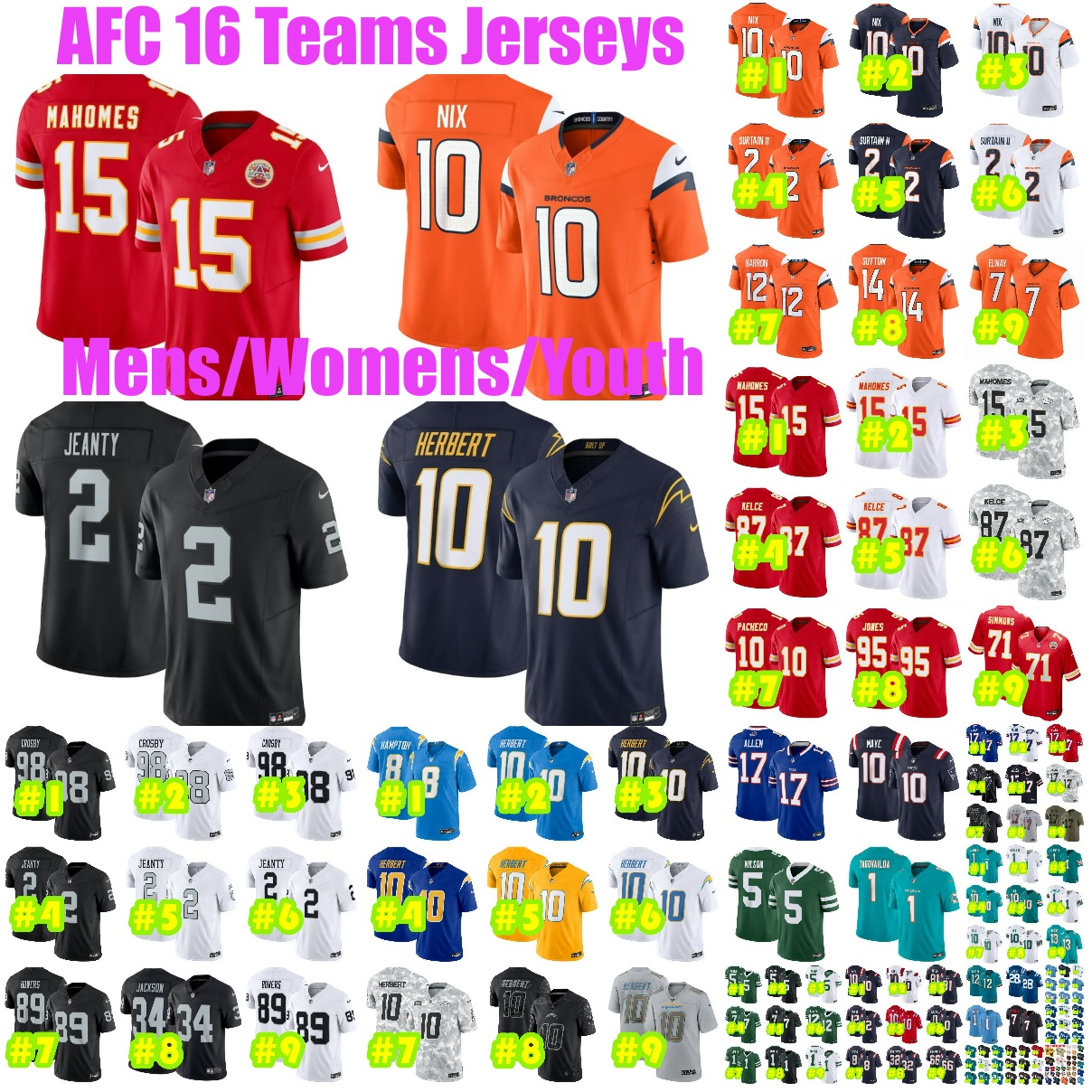 16AFCteam Patrick Mahomes Bo Nix Football Jersey Travis Kelce Isiah Pacheco Maxx Crosby Ashton Jeanty Brock Bowers Justin Herbert Khalil k Derrick Henry Jerseys