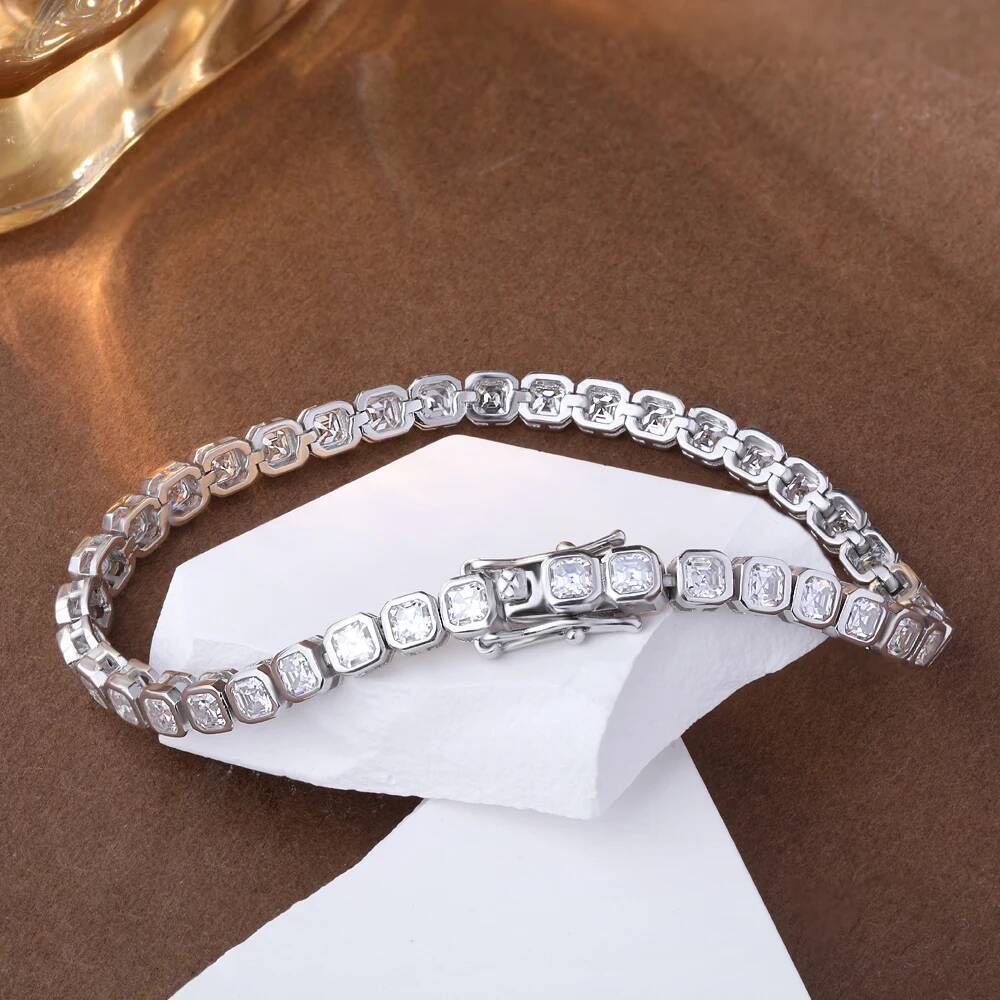 Bezel Set Asscher Cut All Moissanite Tennis Bracelets for Women 925 Sterling Silver Lab Diamond Bracelet Bangle with Certificate