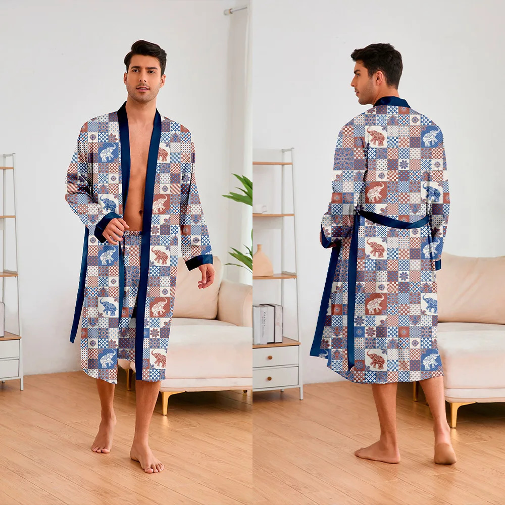 Men 2 Pieces Sleepwear Leopard Bathrobe Set Satin Kimono Peignoir Homme Long Mens Sexy Sleepwear Loungewear Home Dressing Gown 250902