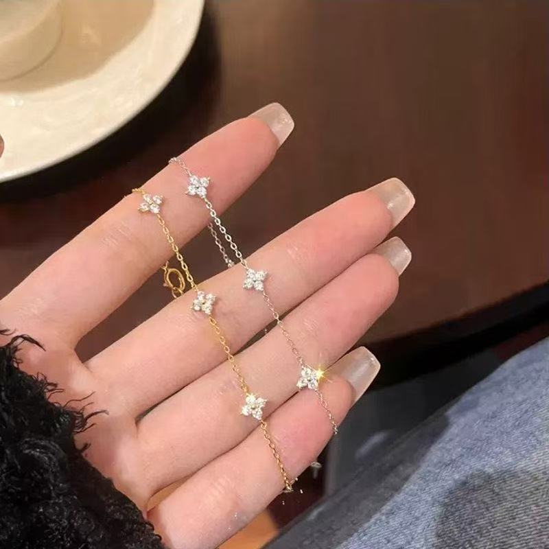 925 Sterling Silver Gold Tone French Starry Sky Four Leaf Clover Bracelet Designer Bracelet for Women Luxury Jewelry Niche Simple Full Diamond Flower 