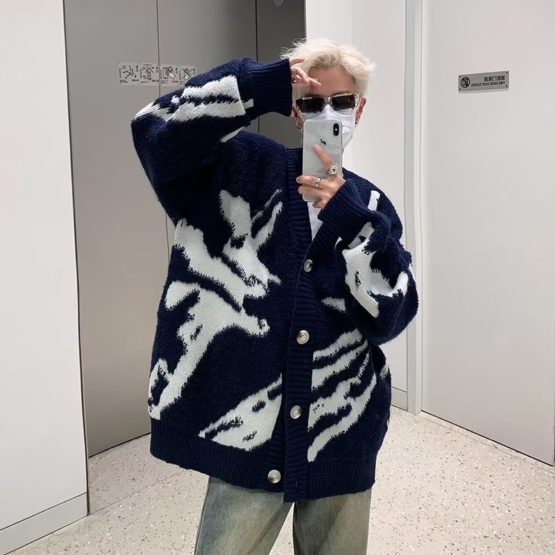 American Style Flocked Cardigan Sweater Knitwear Men Loose Oversize Lazy Style Korean High Street Jacket Trendy 241127
