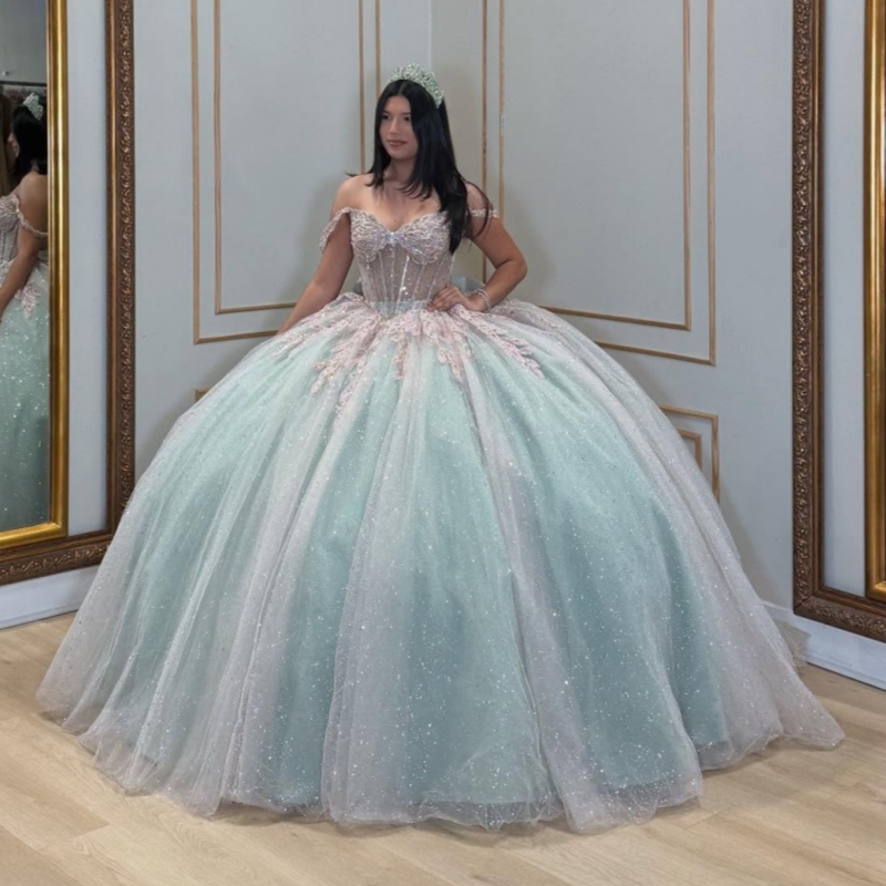 Aqua Blue Shiny Princess Off the Shoulder Sweet 16 Dress Quinceanera Dresses Applique Lace Beads Tull Corset Party Birthday Vestidos 15 De Anos
