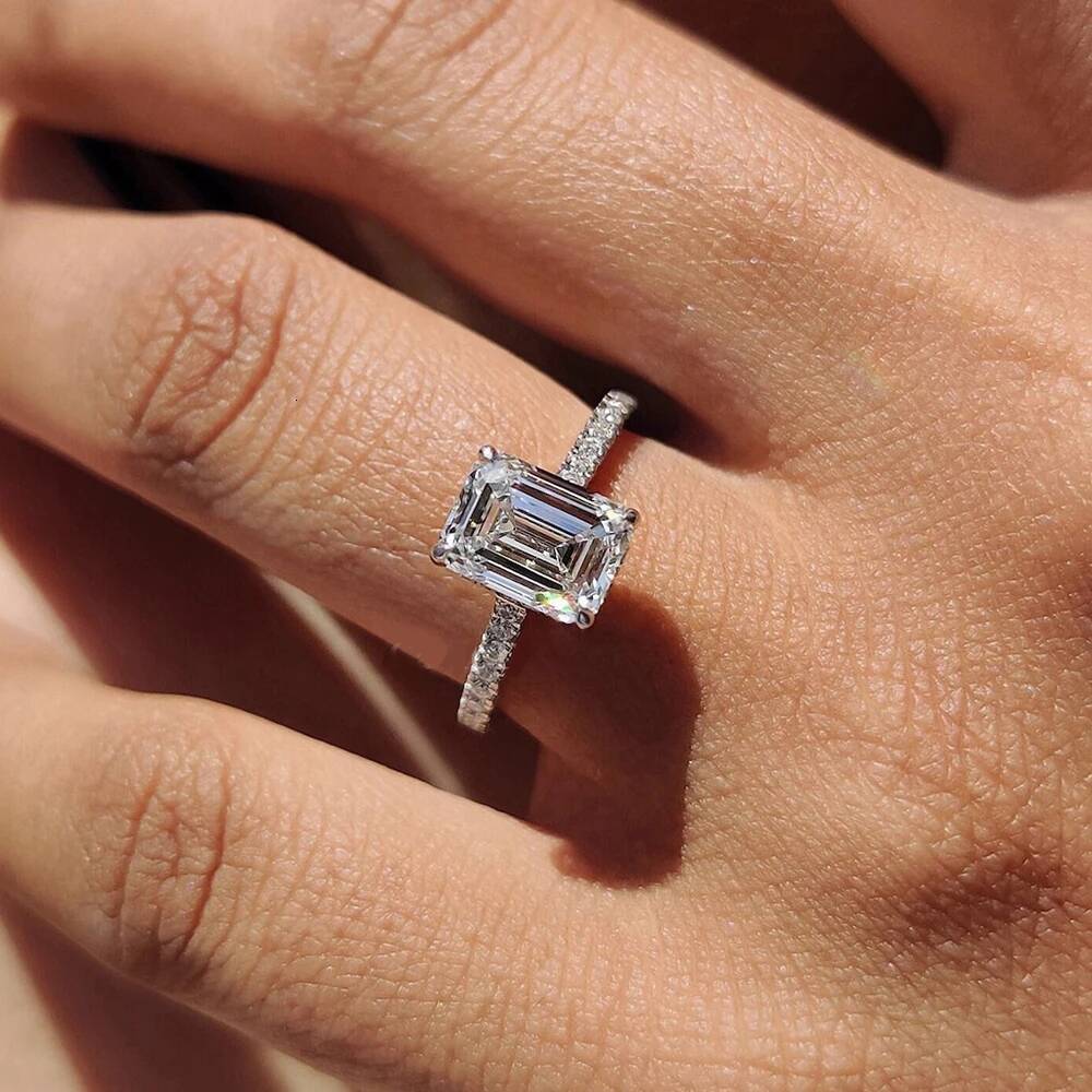 1234carat Emerald Cut Full Moissanite Engagement Ring Hidden Halo Diamond Ring with GRA 925 Silver Wedding Band for Women