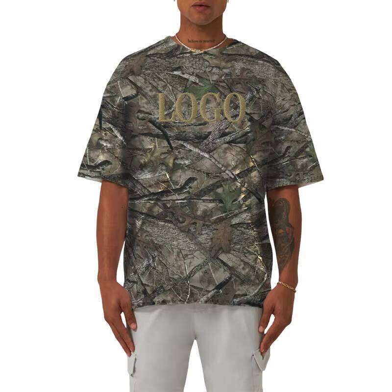 100% Cotton Oversized Short Sleeve Men's T-Shirt High-Quality Knitted Leaf Pattern Brand Print