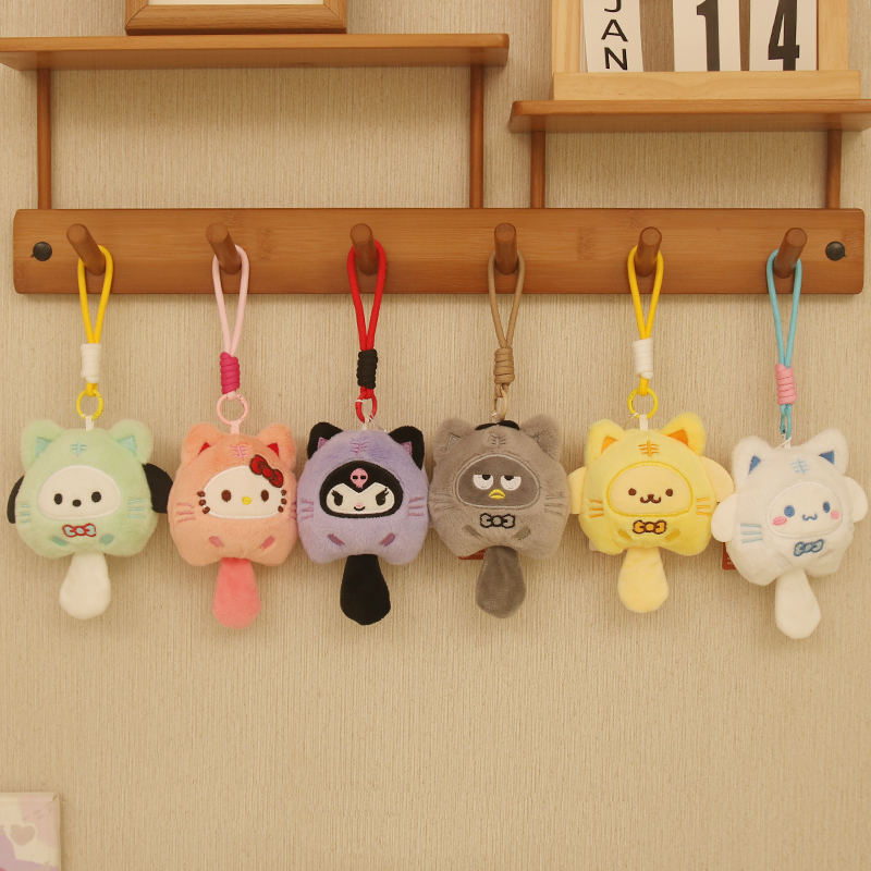 Mini Kawaii Plush Hello Cat Doll Pendant Kuromi Cinnamon Plushies Stuffed Animal Melody Plush Doll Keychain Toy