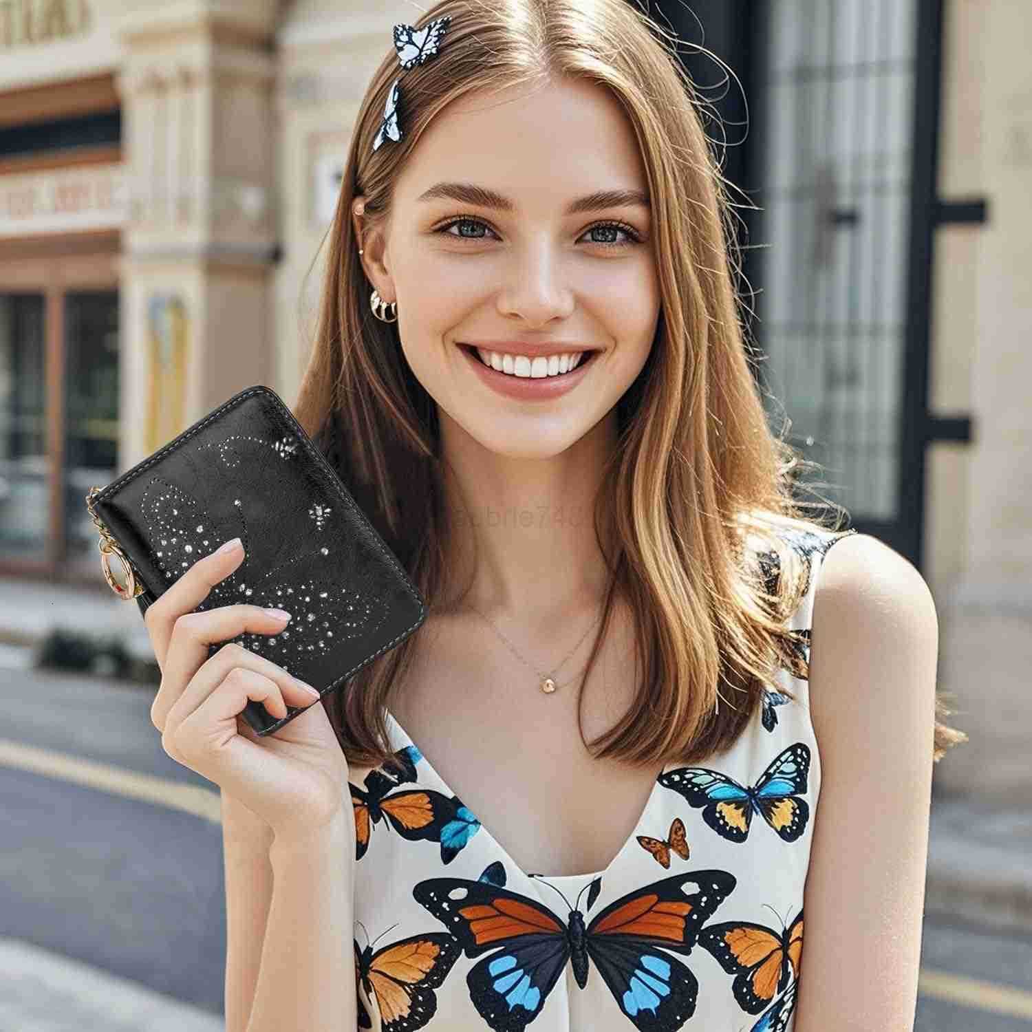 Women RFID Blocking Small Bifold Wallet Compact Cash Clutch with Zipper Coin Pocket Glittery Butterfly Design CARD Holder Travel Purse with Tassel PUR