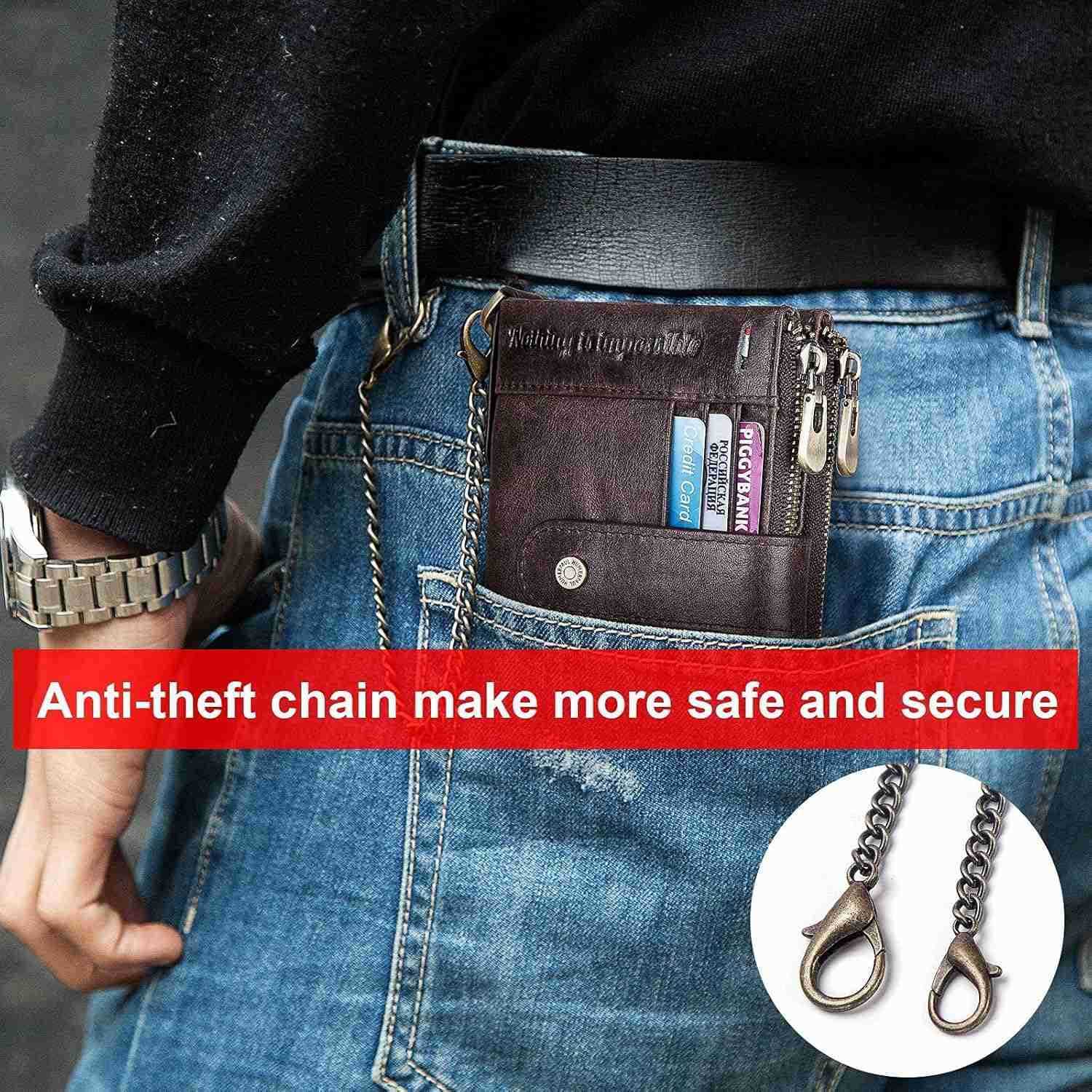 Chain Wallets RFID Wallets for Men Genuine Leather Wallet Zipper Bifold Wallet for Work Travel Outdoors With ID Window and Coin PurseZ250911