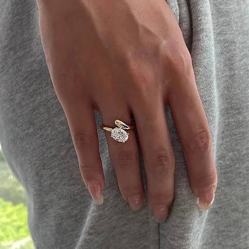 15CT Oval Cut Moissanite Diamond Open Rings for Women 925 Sterling Silver Plate 18k Gold Engagement Ring Wedding Band Resizable