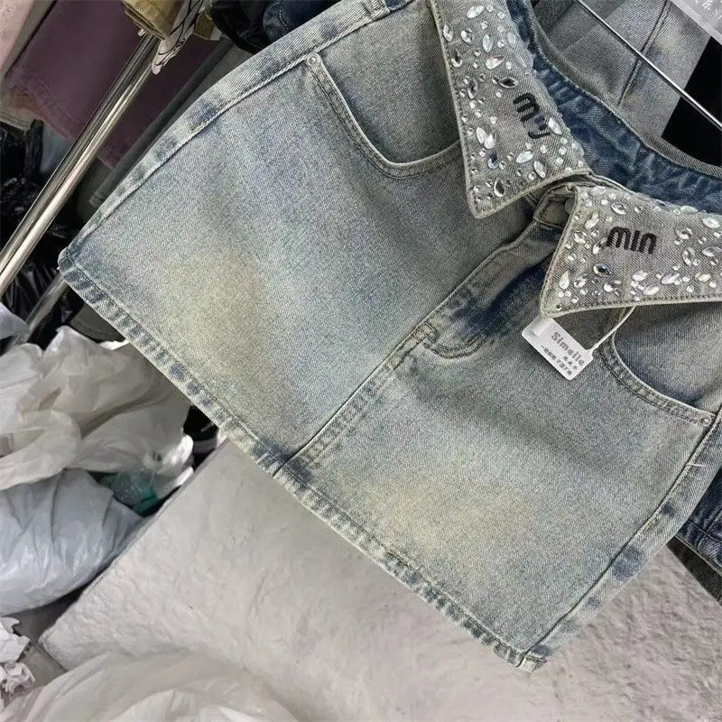 Vintage Fashion High Waist Diamonds Aline Skirt Female Trend Sexy Pocket Women Clothing Fashionable Distressed Mini Dress 250902
