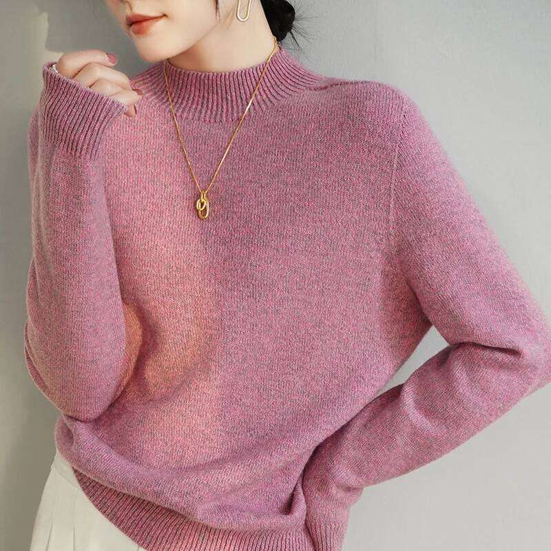 Autumn Winter Women Merino Wool Sweater Half-High Collar Thickness Pullover Warm Cashmere Fancy Yarns Knitwear Long Sleeve Tops 050902