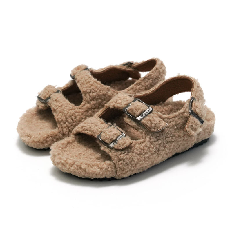 2025 Autumn Winter New Furry Kids Cork Sandals Fashion Warm and Comfortable Boys Girls Buckle Closure Sandals