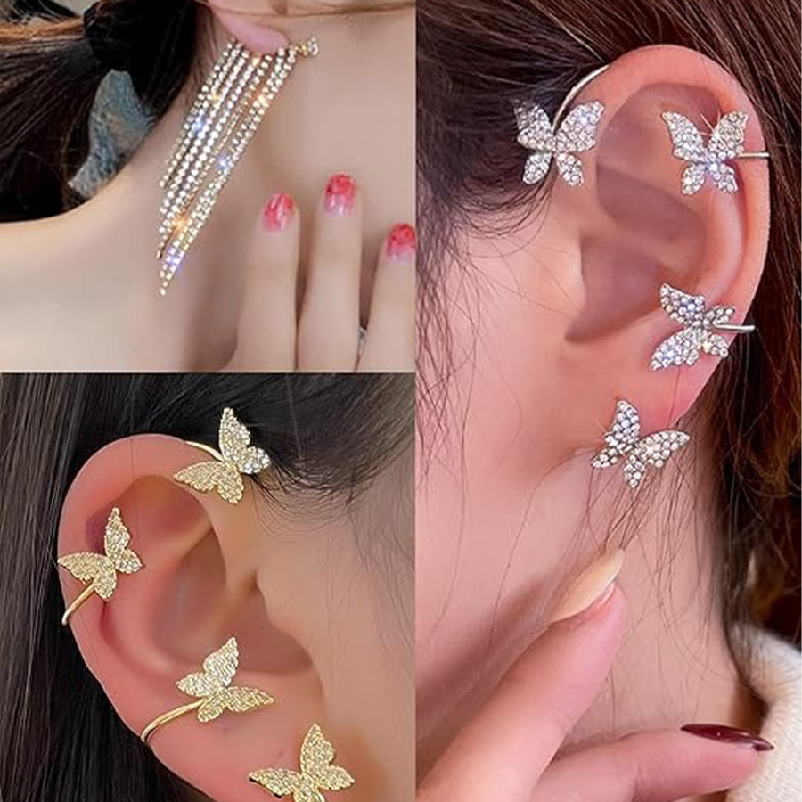 17Pcs Ear Cuffs Chain Earrings Snake Butterfly Leaf Non Piercing Clip on Earring Fake Helix Cartilage Earrings Ear Clip Jewelry Gold Tone