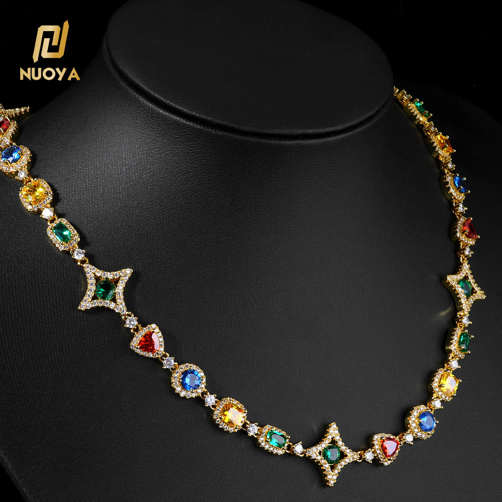 NUOYA Geometric Link Necklace New Collection Colorful Moissanite Stones Colored Gemstone Motif Chain Hip Hop Jewelry